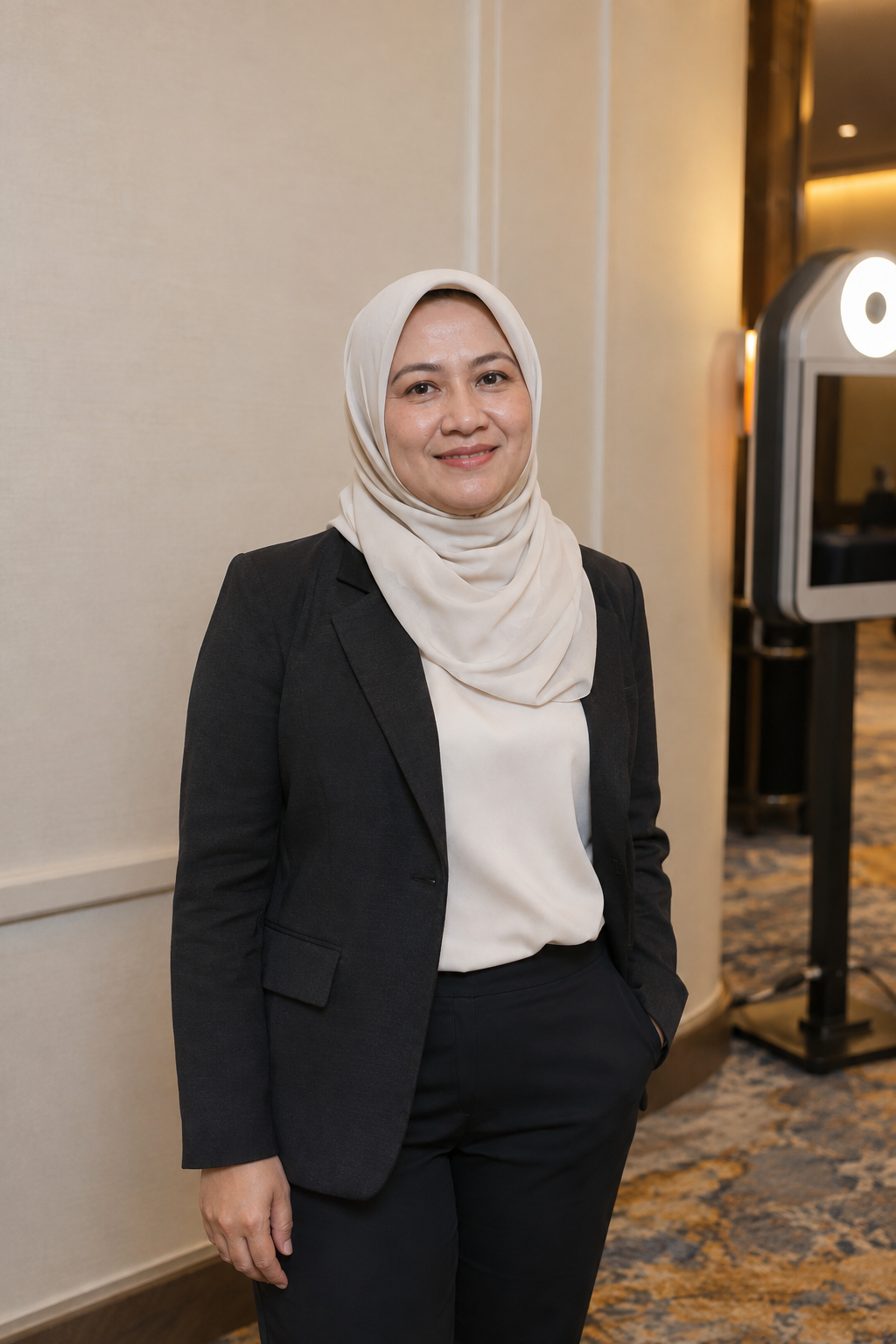 Sample hijab-wearing Business Summit guest in a dark blazer at a hotel photo booth