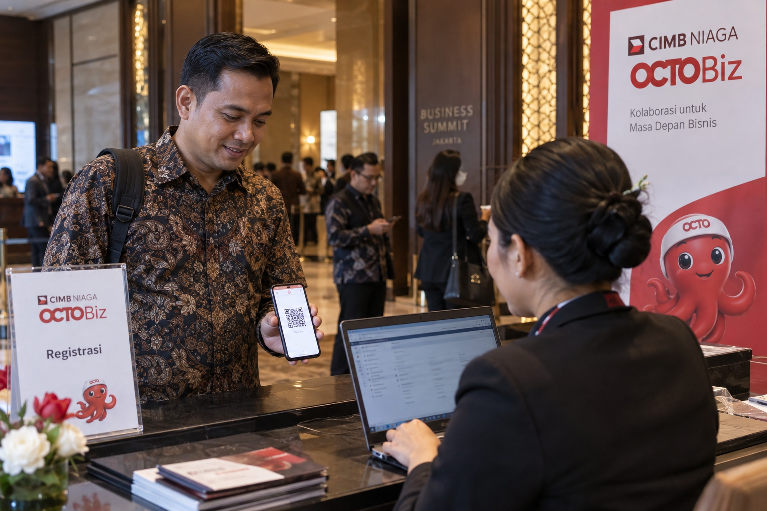 Illustration of a guest showing a ticket QR at registration